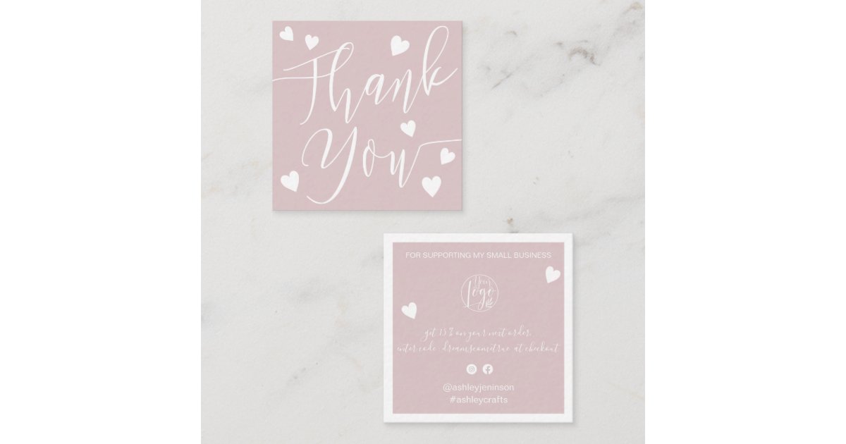 Modern hearts thank you script order dusty pink square business card ...