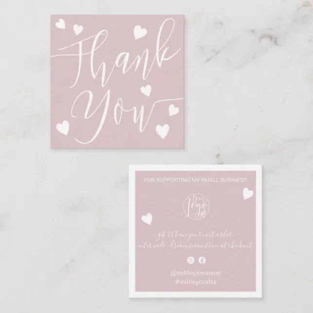Modern hearts thank you script order dusty pink square business card ...