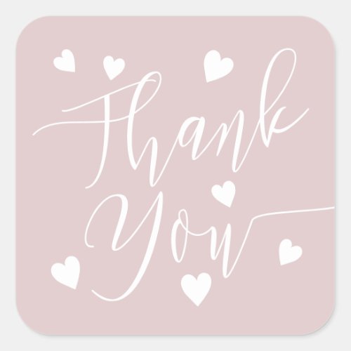 Modern hearts thank you script order dusty pink  square sticker