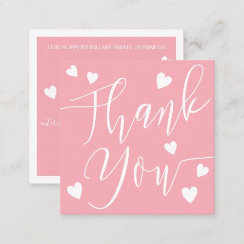 Modern hearts thank you script order pink square business card