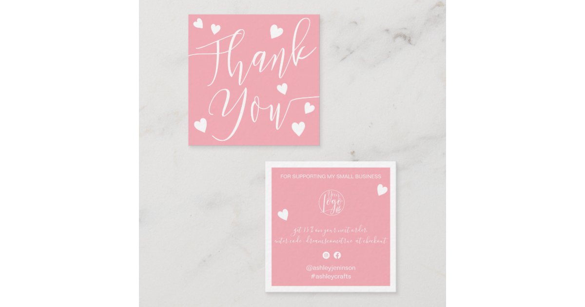 Modern hearts thank you script order pink square business card | Zazzle