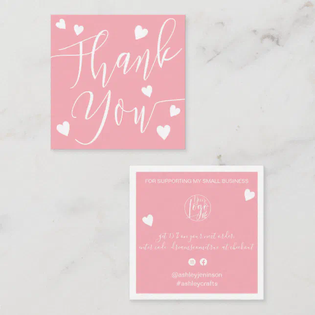 Modern hearts thank you script order pink square business card | Zazzle