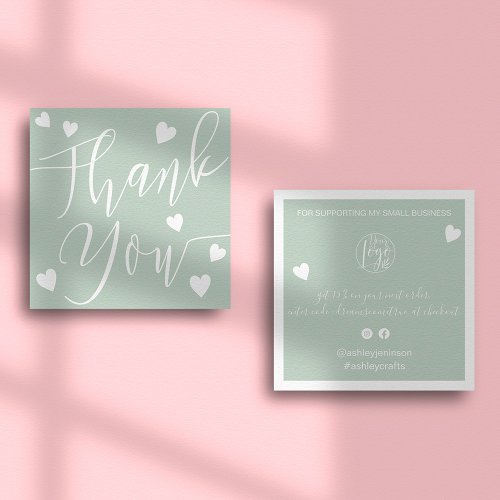 Modern hearts thank you script order sage green square business card