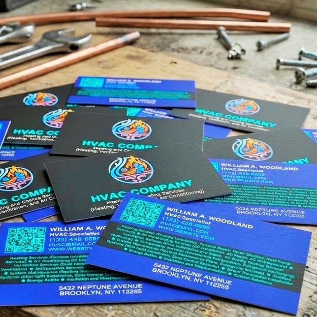 Modern Heating & Cooling AC Logo | Black Blue HVAC Business Card (air conditioner HVAC Business Card examples, air conditioning business cards,hvac busi)