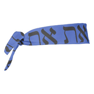 Modern Hebrew Aleph Tav Black Typography on Blue Tie Headband