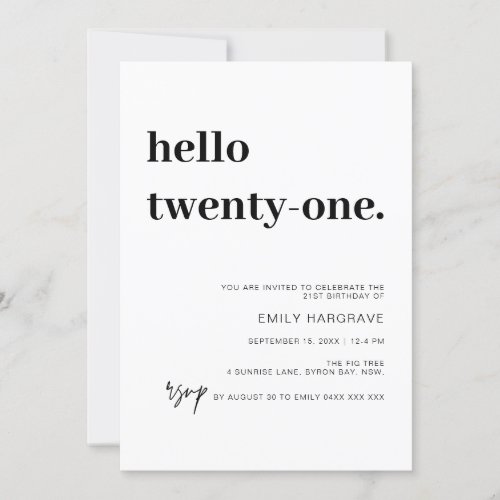 Modern Hello 21st Birthday Party Invitation