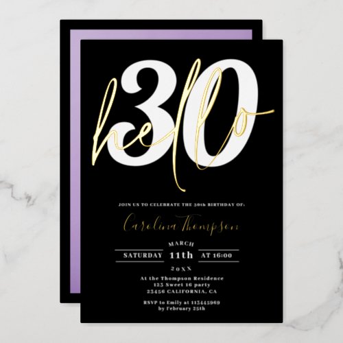 Modern hello 30 birthday photo black gold script foil invitation