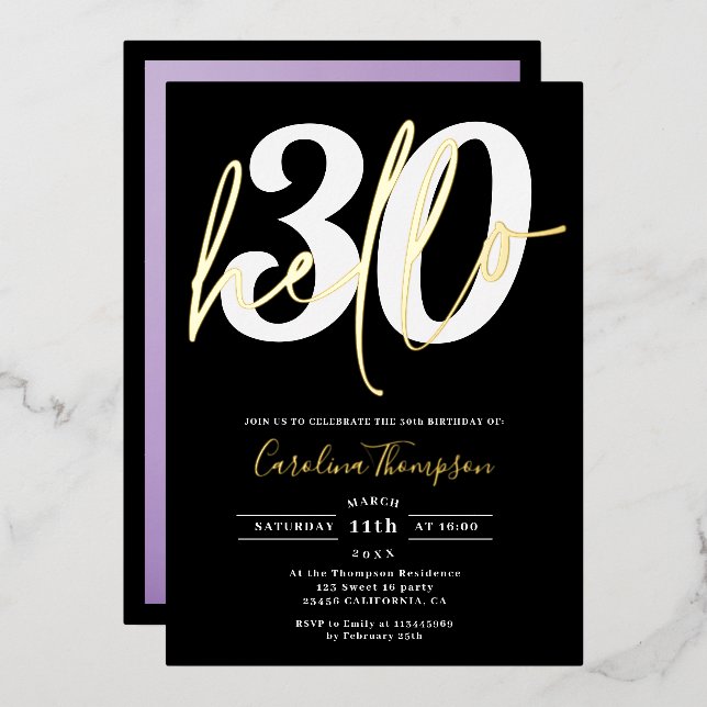 Modern hello 30 birthday photo black gold script foil invitation (Front/Back)