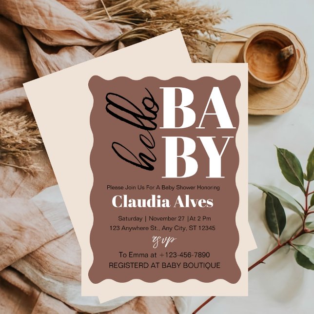 Modern Hello Baby Brown Baby Shower Invitation (Creator Uploaded)