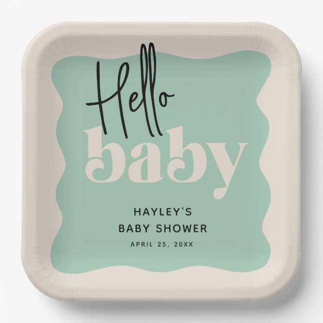 Modern Hello Baby Mint & Cream Baby Shower Paper Plates (Front)