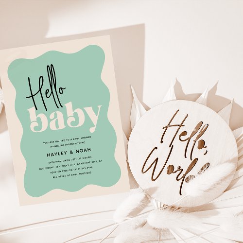 Modern Hello Baby Mint Green  Cream Baby Shower Invitation