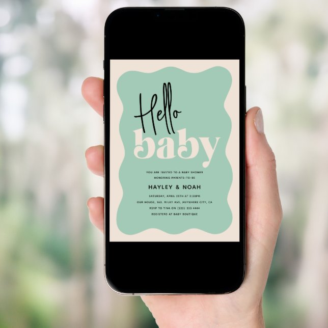 Modern Hello Baby Mint Green & Cream Baby Shower Invitation (Front Digital)