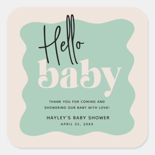 Modern Hello Baby Mint Green  Cream Baby Shower  Square Sticker