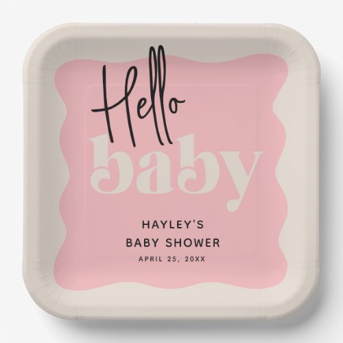 Modern Hello Baby Pink  Cream Baby Shower Paper Plates