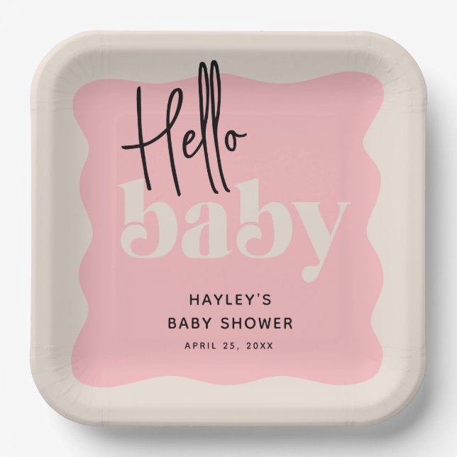 Modern Hello Baby Pink & Cream Baby Shower Paper Plates (Front)