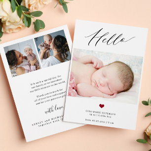 Modern hello baby simple script 3 photo birth announcement