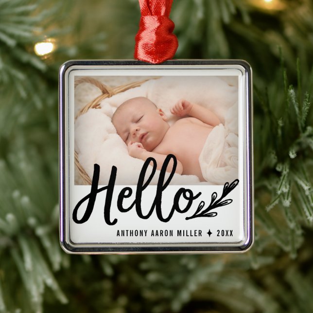 Modern Hello Birth Announcement Photo Metal Ornament (Tree)