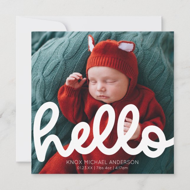Modern Hello Birth Announcement with Photo Card (Front)
