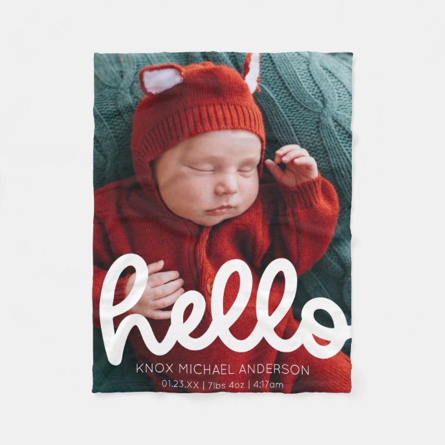 Modern Hello Birth Announcement with Photo Fleece Blanket (Front)