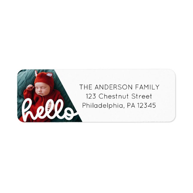 Modern Hello Birth Announcement with Photo Return  Label (Front)