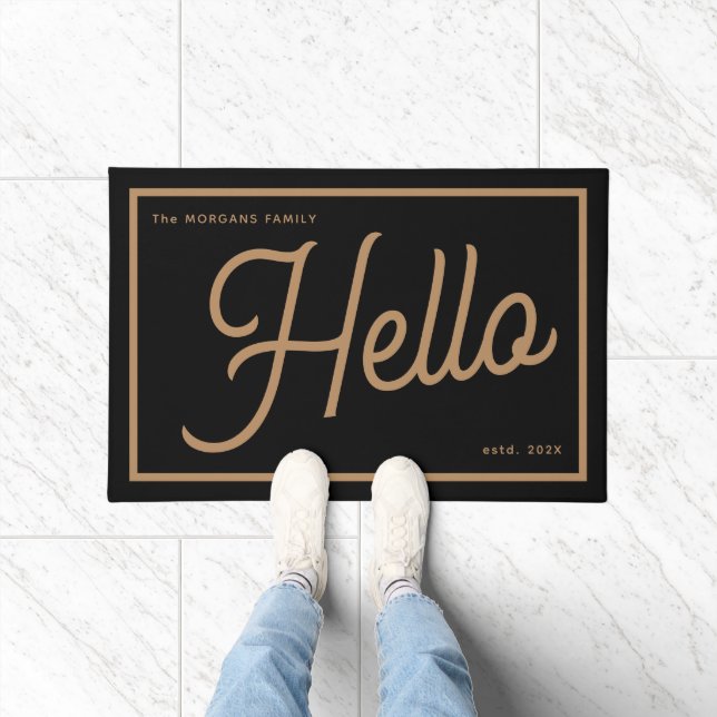 Modern Hello Black Gold Script Family Name Doormat (Indoor)