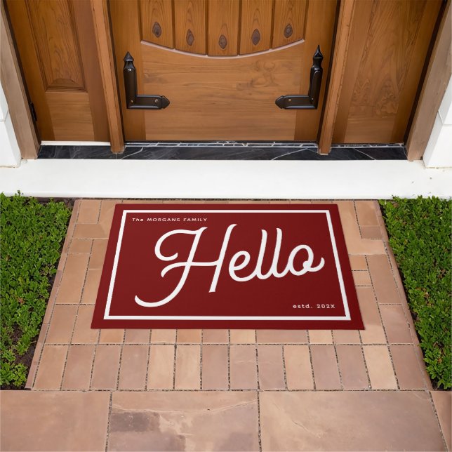 Modern Hello Burgundy White Script Family Name Doormat (Outdoor)