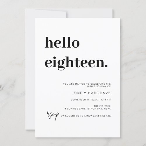 Modern Hello Eighteen Birthday Party Invitation
