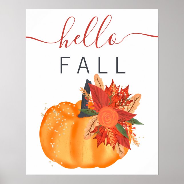 Modern hello fall floral pumpkin typography poster (Front)
