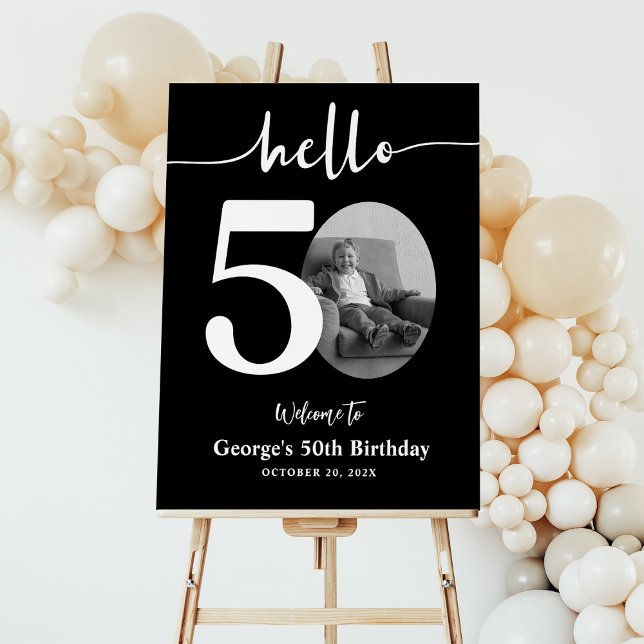 Modern Hello Fifty 50th Birthday Photo Welcome Foam Board (Creator Uploaded)