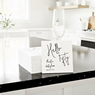 Modern Hello Fifty Script 50th Birthday Cocktail Napkins