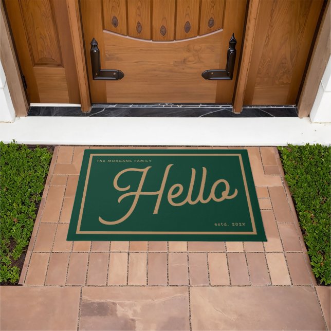 Modern Hello Green Gold Script Family Name Doormat (Outdoor)