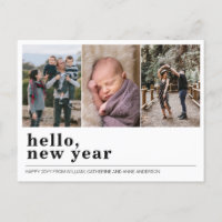 Modern Hello Happy New Year Simple 3 Photo Collage Holiday Postcard
