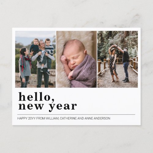 Modern Hello Happy New Year Simple 3 Photo Collage Holiday Postcard