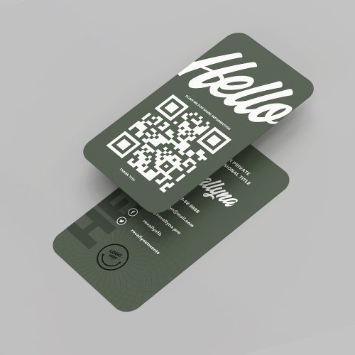 MODERN HELLO MONOGRAM LOGO MOSS GREEN QR CODE BUSINESS CARD