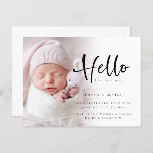 Modern Hello New Baby Photo Birth Announcement Pos Postcard