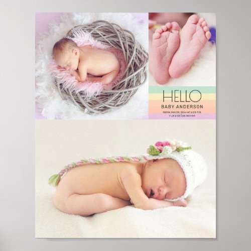 Modern Hello Newborn Baby Photo Birth Date Stats Poster