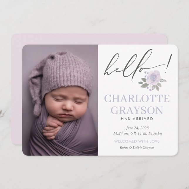 Modern Hello Photo Baby Birth Announcement Card (Front/Back)