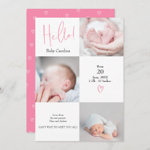 Modern hello pink white 3 photos baby birth announcement