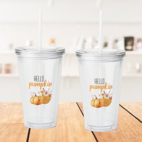 Modern Hello Pumpkin Orange Pumpkin With Flowers Acrylic Tumbler