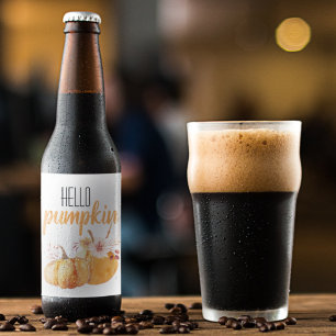 Modern Hello Pumpkin Orange Pumpkin With Flowers Beer Bottle Label