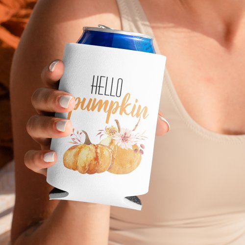 Modern Hello Pumpkin Orange Pumpkin With Flowers Can Cooler