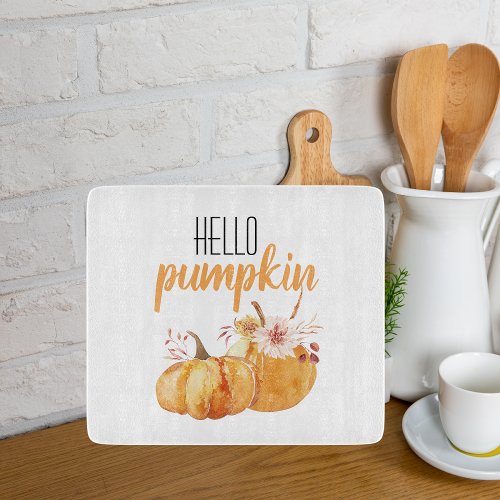 Modern Hello Pumpkin Orange Pumpkin With Flowers Cutting Board