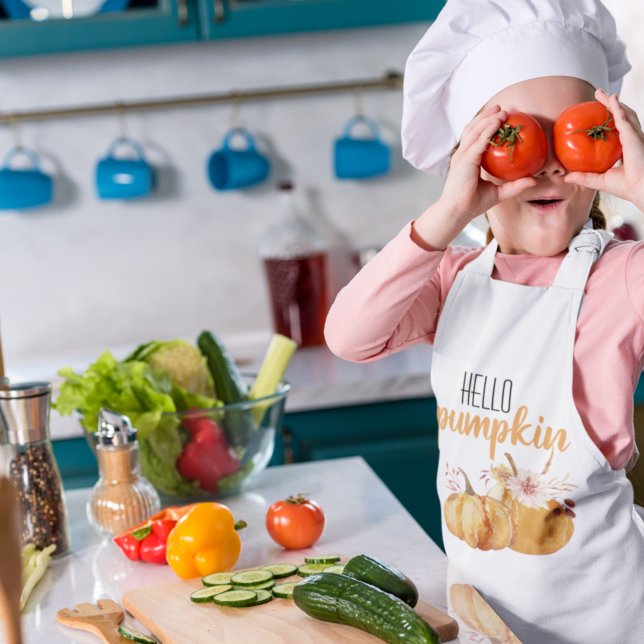 Modern Hello Pumpkin Orange Pumpkin With Flowers Kids' Apron (Creator Uploaded)