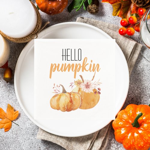 Modern Hello Pumpkin Orange Pumpkin With Flowers Napkins