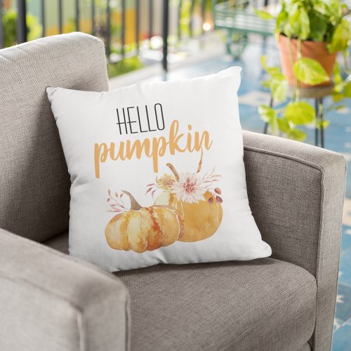 Modern Hello Pumpkin Orange Pumpkin With Flowers Outdoor Pillow