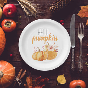Modern Hello Pumpkin Orange Pumpkin With Flowers Paper Plates