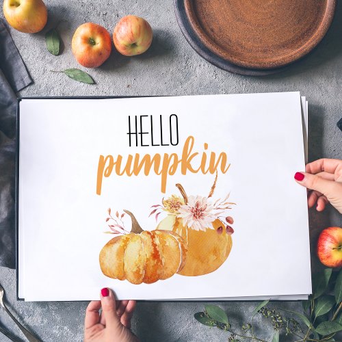 Modern Hello Pumpkin Orange Pumpkin With Flowers Placemat