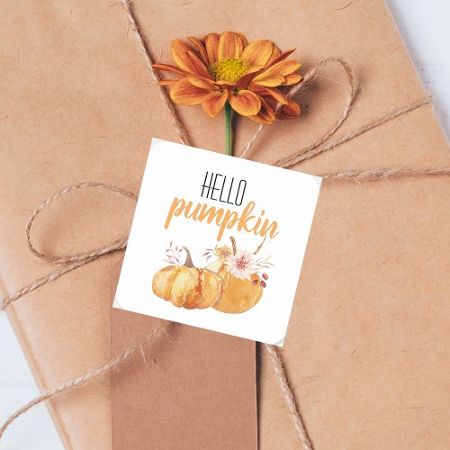 Modern Hello Pumpkin Orange Pumpkin With Flowers Square Sticker