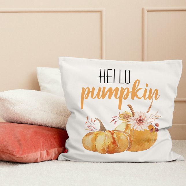 Modern Hello Pumpkin Orange Pumpkin With Flowers Throw Pillow (Creator Uploaded)