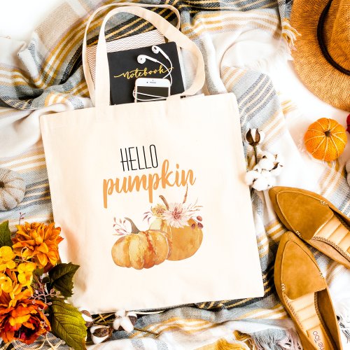 Modern Hello Pumpkin Orange Pumpkin With Flowers Tote Bag